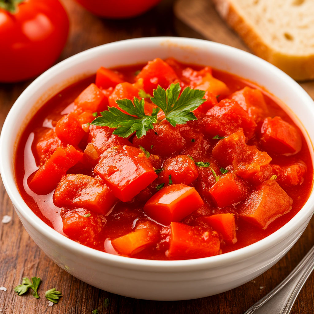 Tomato goulash with bell pepper and ham