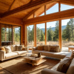 Off-grid interior design with wood beams and minimalist natural living room