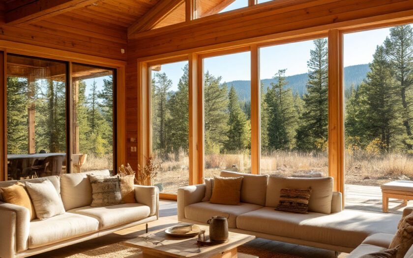 Off-grid interior design with wood beams and minimalist natural living room